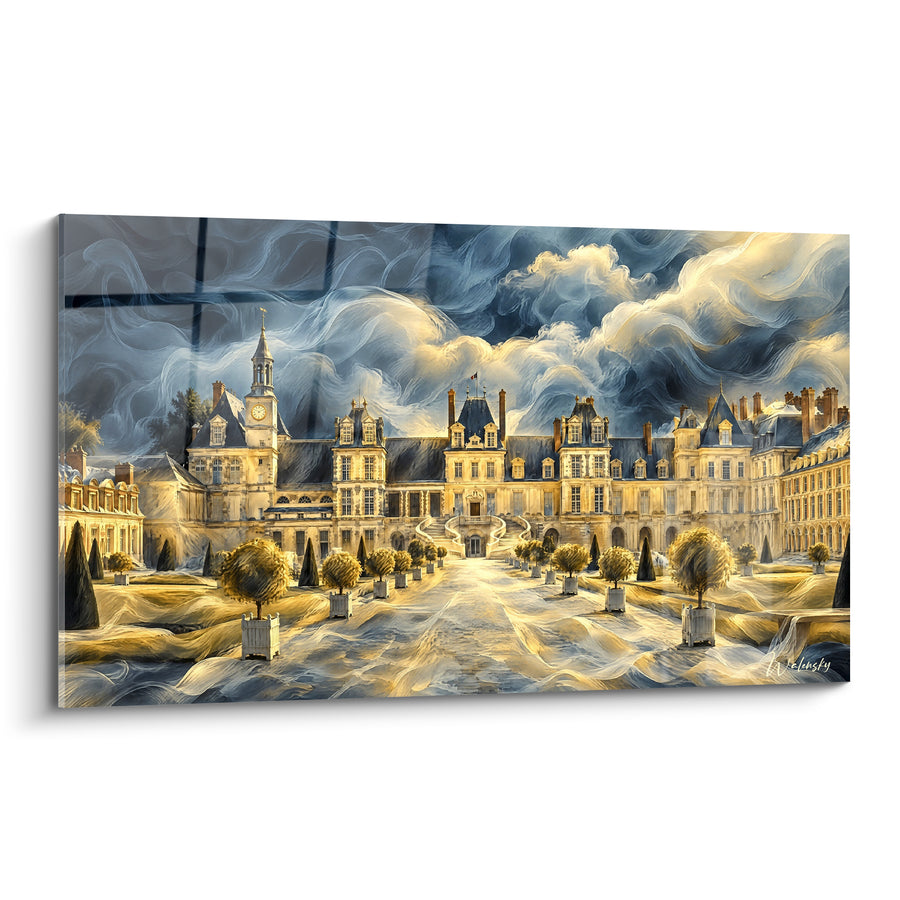 Tableau Château doré aux nuées bleu nuit tourbillonnantes - Orage sur la cour royale - Edition Fontainebleau Île-de-France
