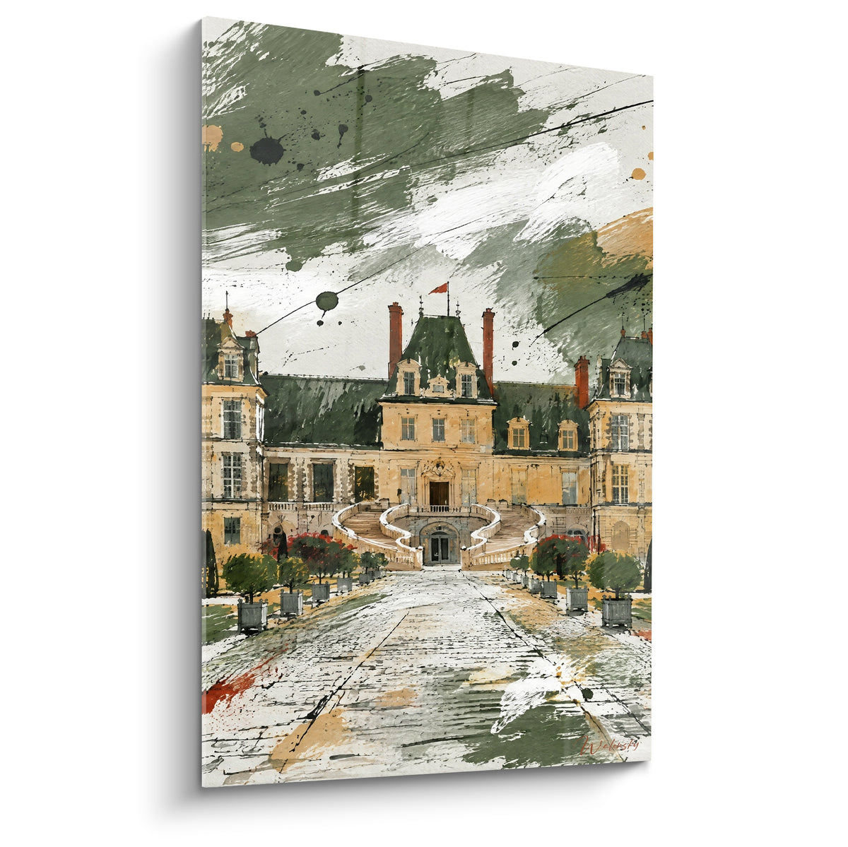Schilderij gouden kasteel met antracietkleurige daken, hoefijzertrap en besprenkelde saliegroene lucht