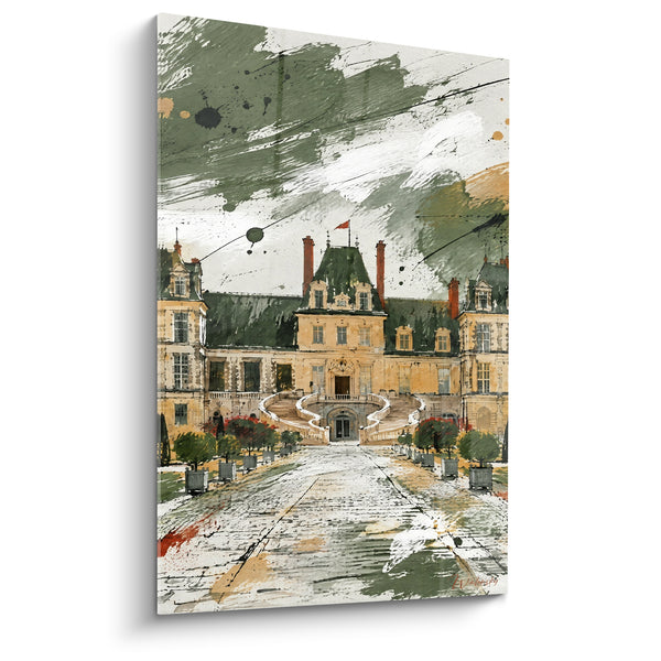 Schilderij Kasteel kaki en beige met geplaveide oprit - Kleine potplanten - Editie Fontainebleau Île-de-France