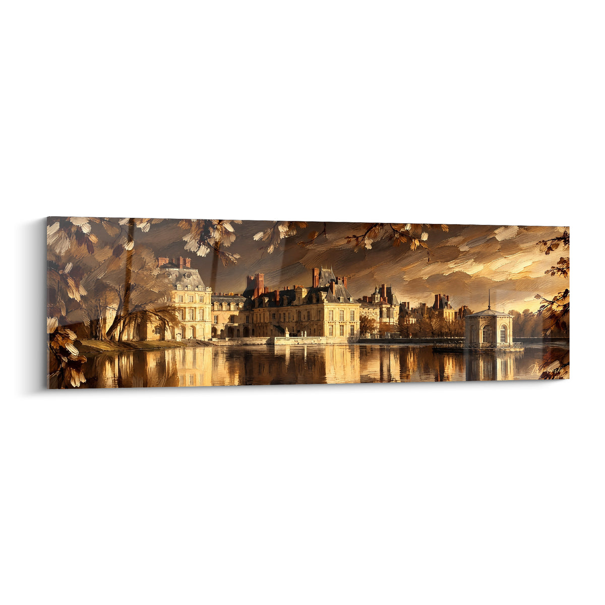 Gemälde Schloss Fontainebleau in Gold und Ocker, Spiegelung im Teich, im Dämmerlicht skizzierter brauner Himmel