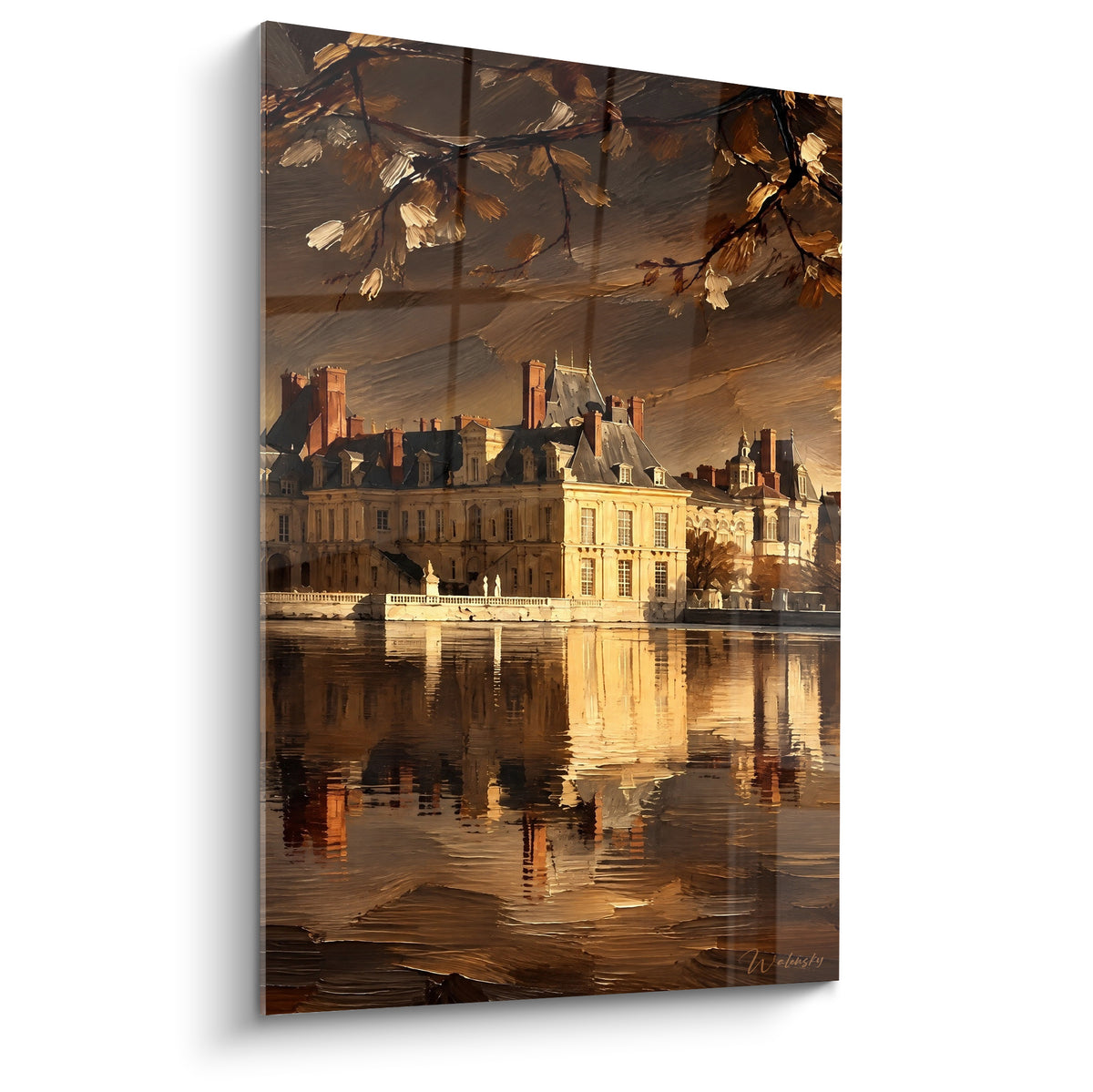 Quadro castello di Fontainebleau dorato e marrone, riflesso sull'acqua calma, stile pittorico espressivo