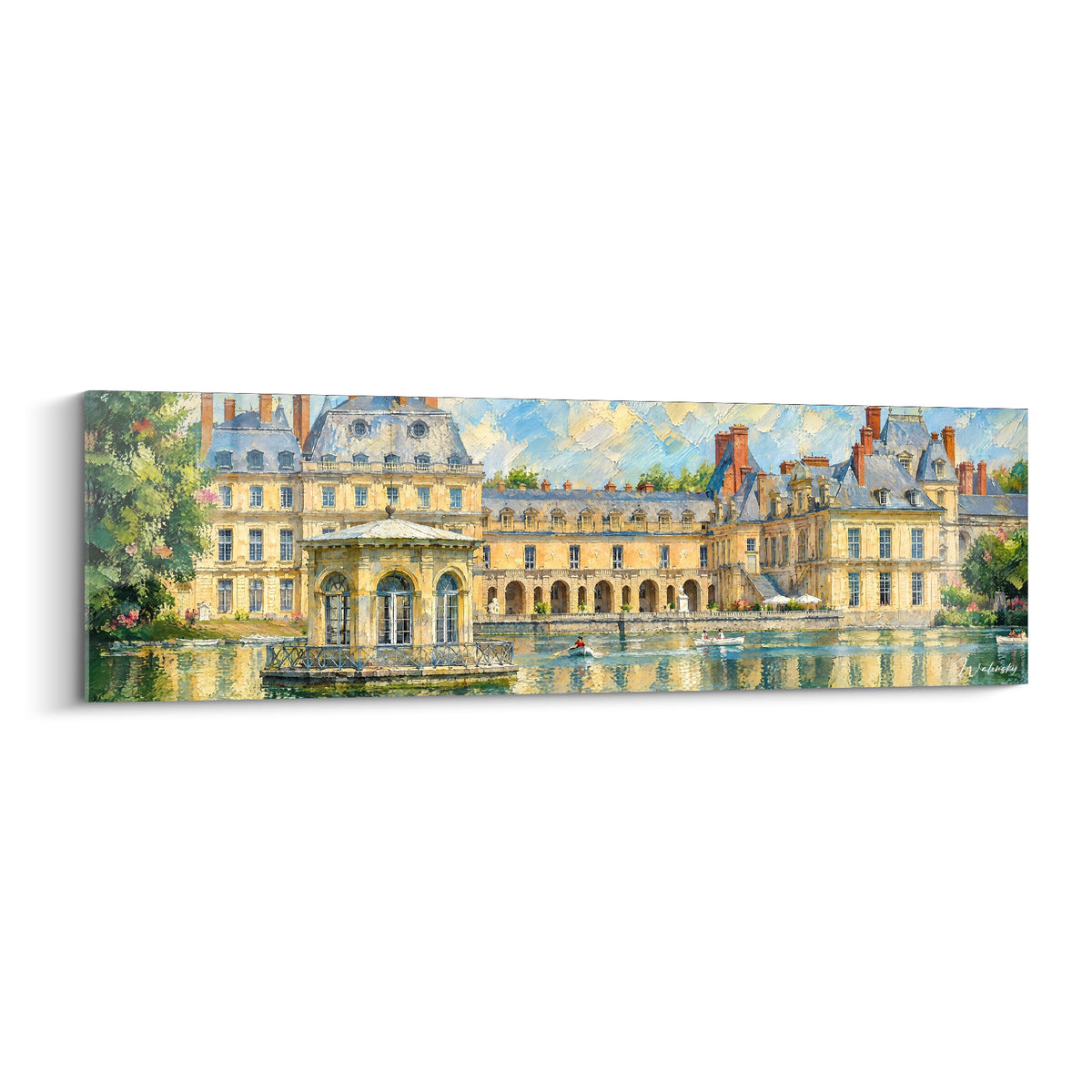 Quadro Castello di Fontainebleau con facciate dorate e tetti blu ardesia, riflesso sullo stagno turchese