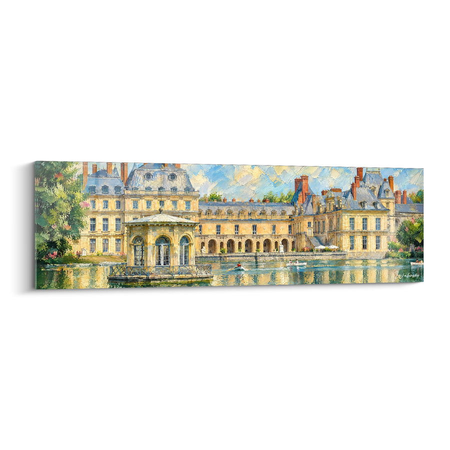 Tableau Pavillon beige et bleu au rameur solitaire - Façade panoramique ensoleillée - Edition Fontainebleau Île-de-France