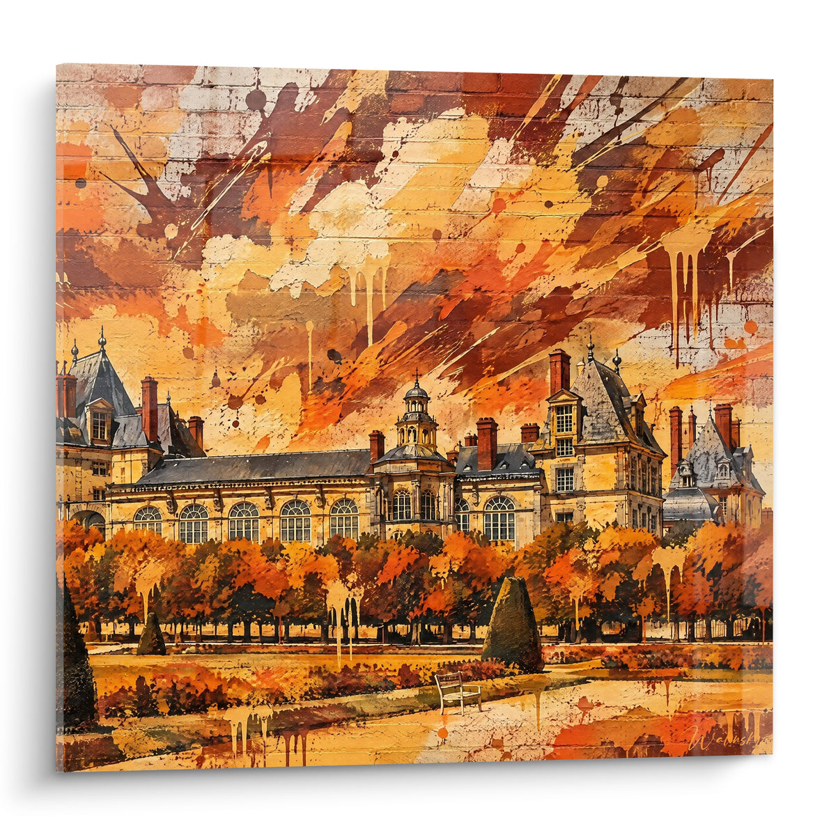 Château doré aux toits anthracite, ciel orangé éclaboussé et jardin automnal en touches rousses