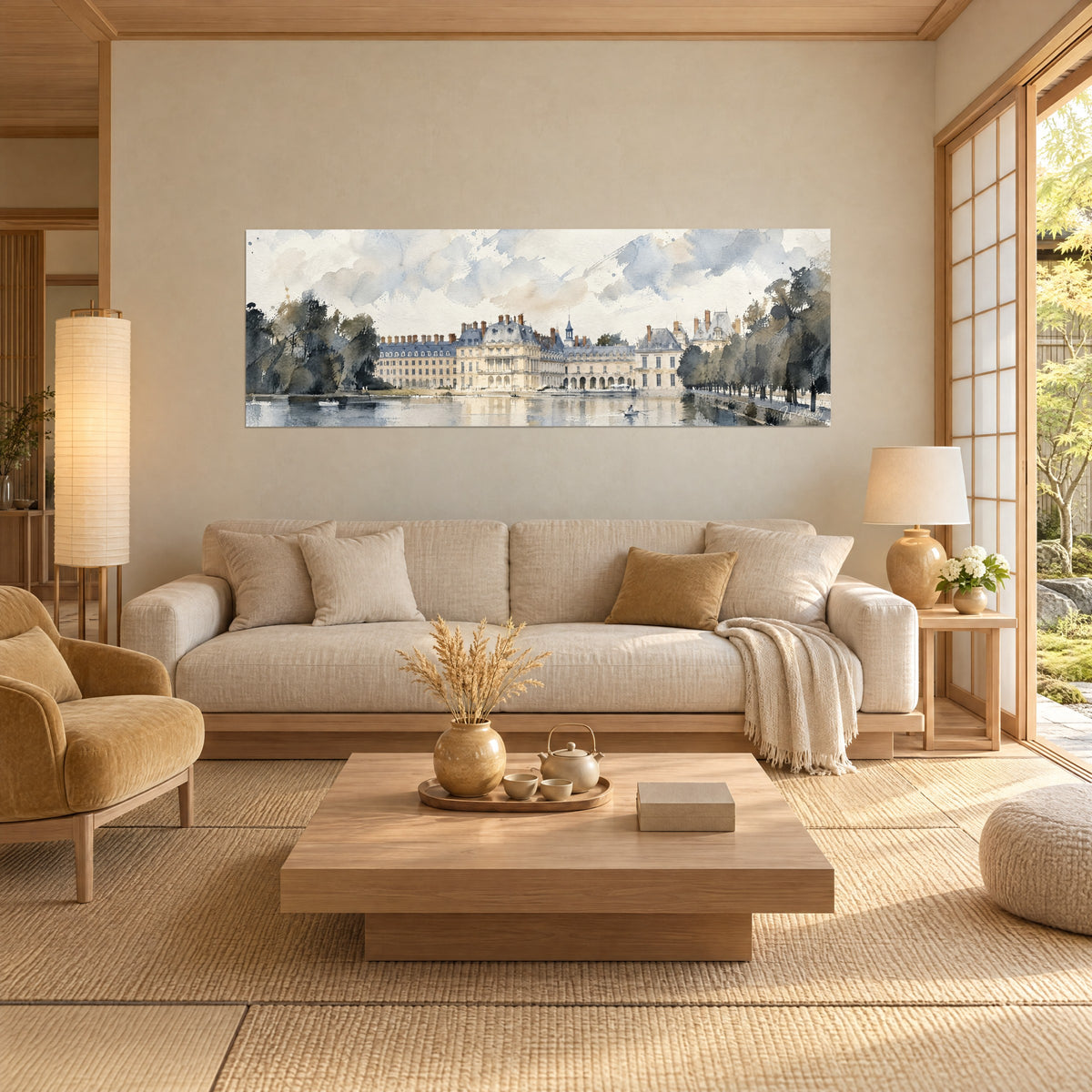 Façade de château doré et toitures bleu ardoise au-dessus d'un lit dans une chambre claire