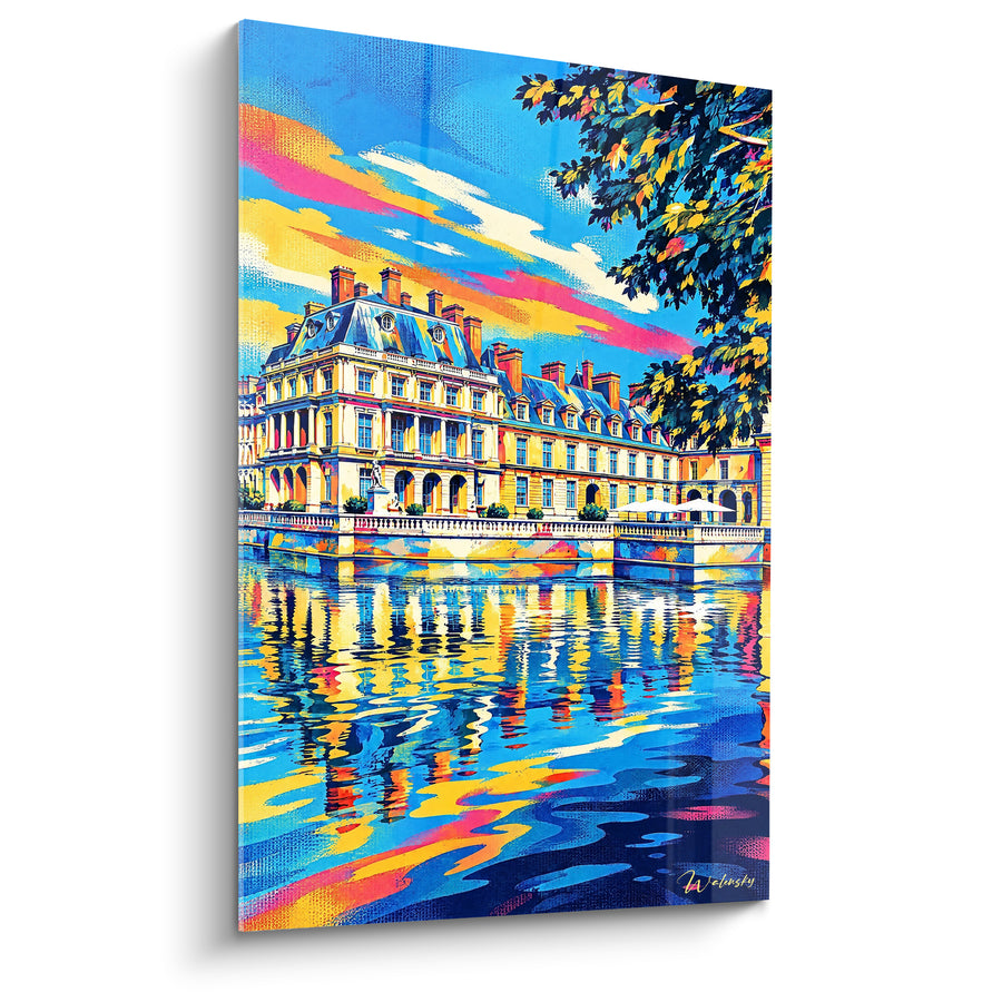 Tableau Château doré aux reflets bleus sur l'étang - Instant d'embrasement - Edition Fontainebleau Île-de-France