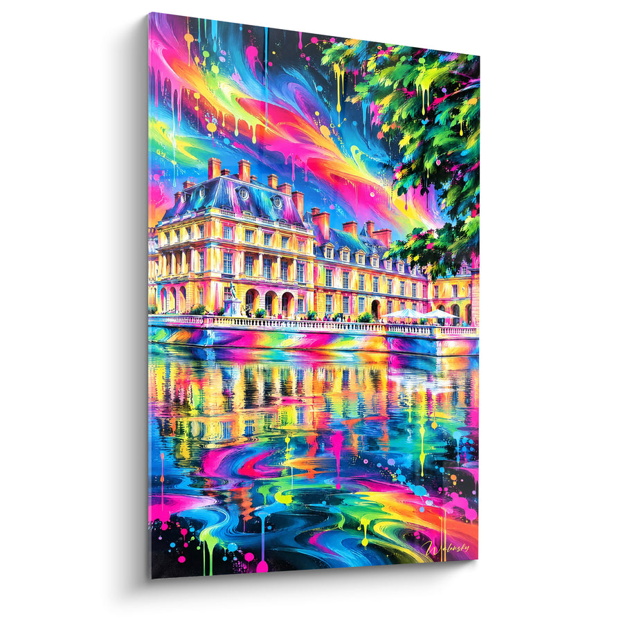 Tableau Château doré aux reflets multicolores sur l'eau - Éclaboussure céleste - Edition Fontainebleau Île-de-France