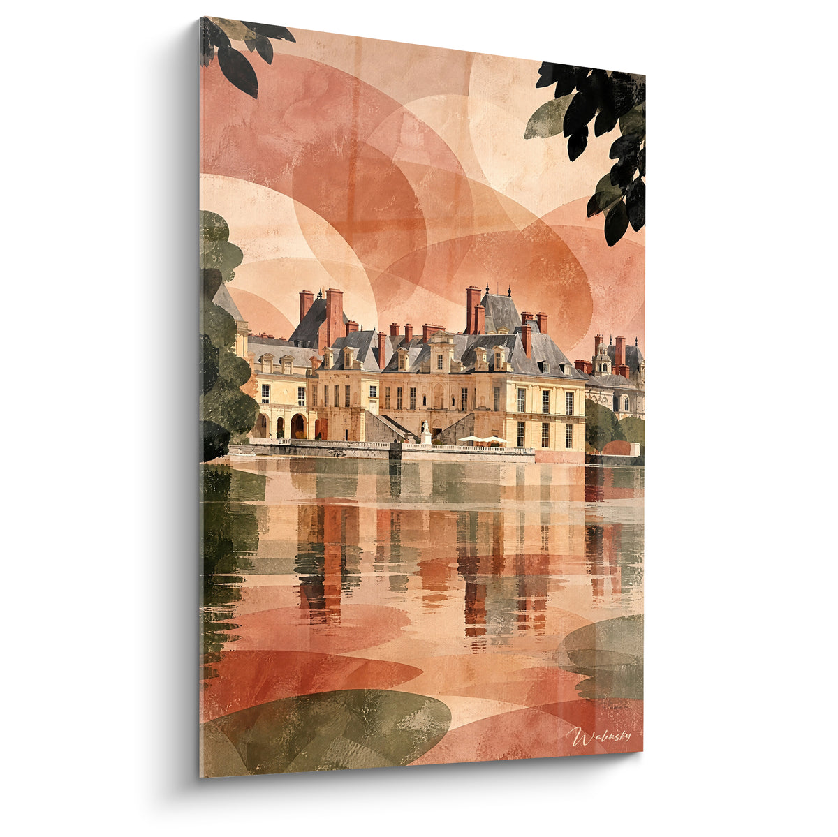 Quadro castello dorato e terracotta riflesso in uno stagno, cielo in onde concentriche stilizzate