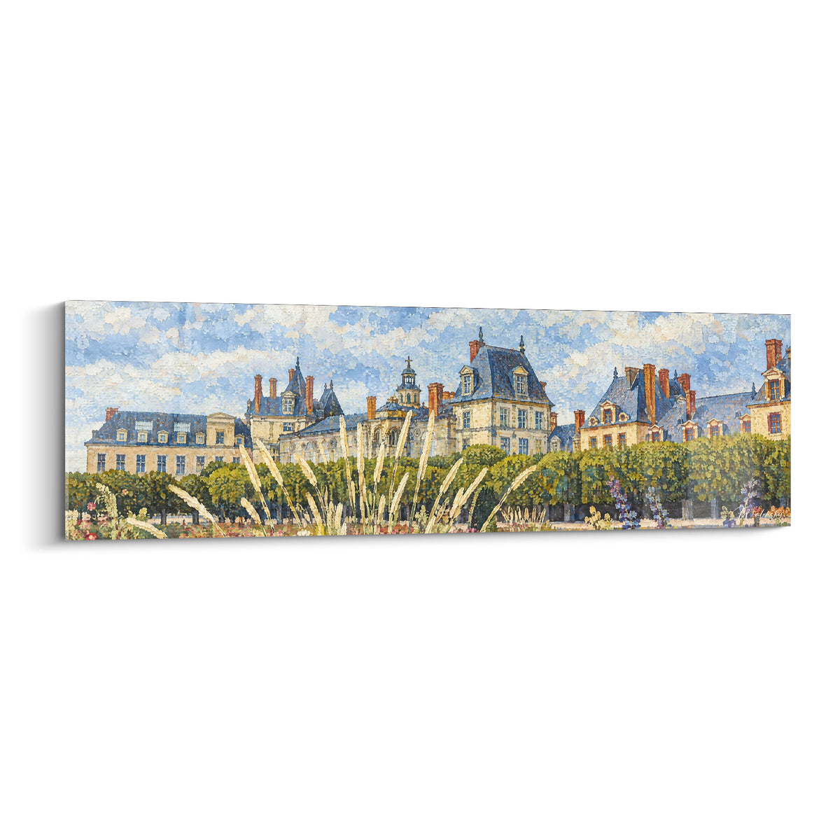Gemälde Schloss Fontainebleau mit schieferblauen Dächern und ockerfarbenen Fassaden, goldene Gräser im Vordergrund