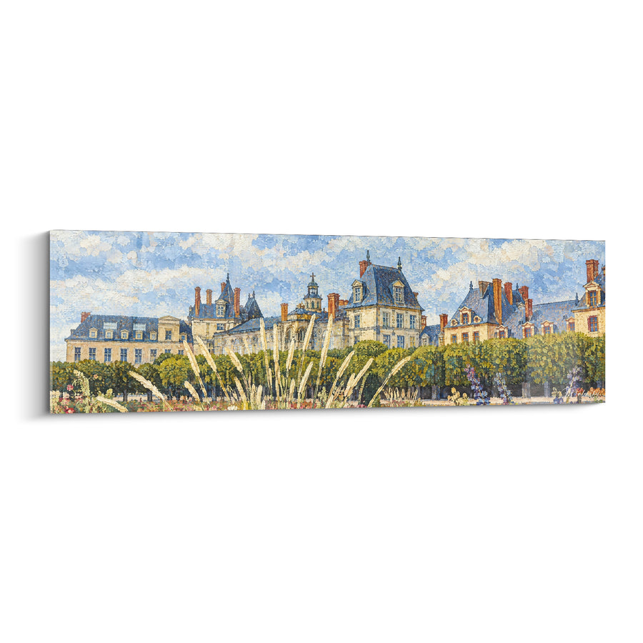 Tableau Château beige et bleu aux hautes graminées blondes - Panorama de façades alignées - Edition Fontainebleau Île-de-France