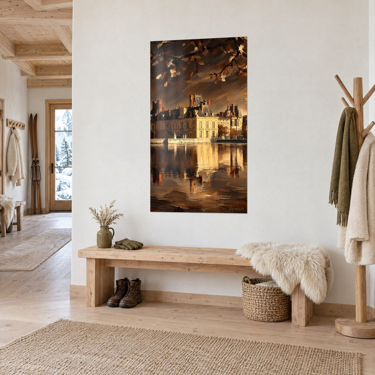 Quadro palazzo di pietra crema e marrone ramato che scintilla su uno stagno, cielo tempestoso dipinto a spatola, su una parete bianca d'ingresso di chalet