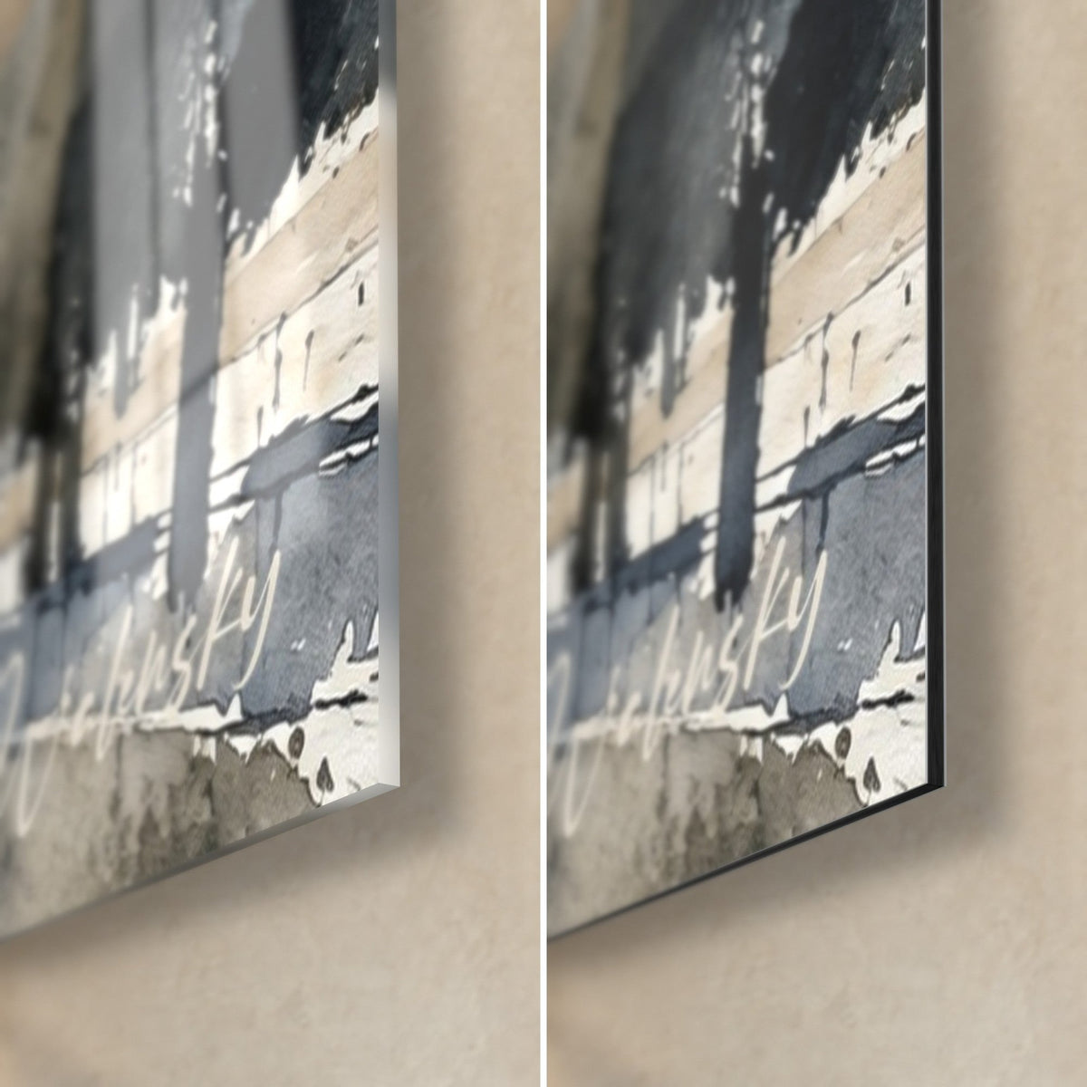 Gemälde königliche Residenz in Aquarell, untere rechte Ecke: glänzendes Glas mit Reflexen links, mattes Dibond rechts, 3 mm Kante, blaugraue Tinte