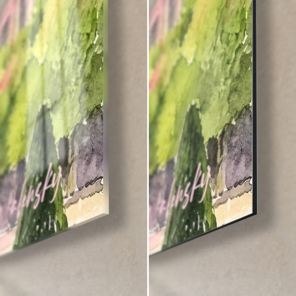 Gemälde Königlicher Palast als Aquarell, untere rechte Ecke: glänzendes Glas links, mattes Dibond rechts, grüne Bäume und 3 mm Kante