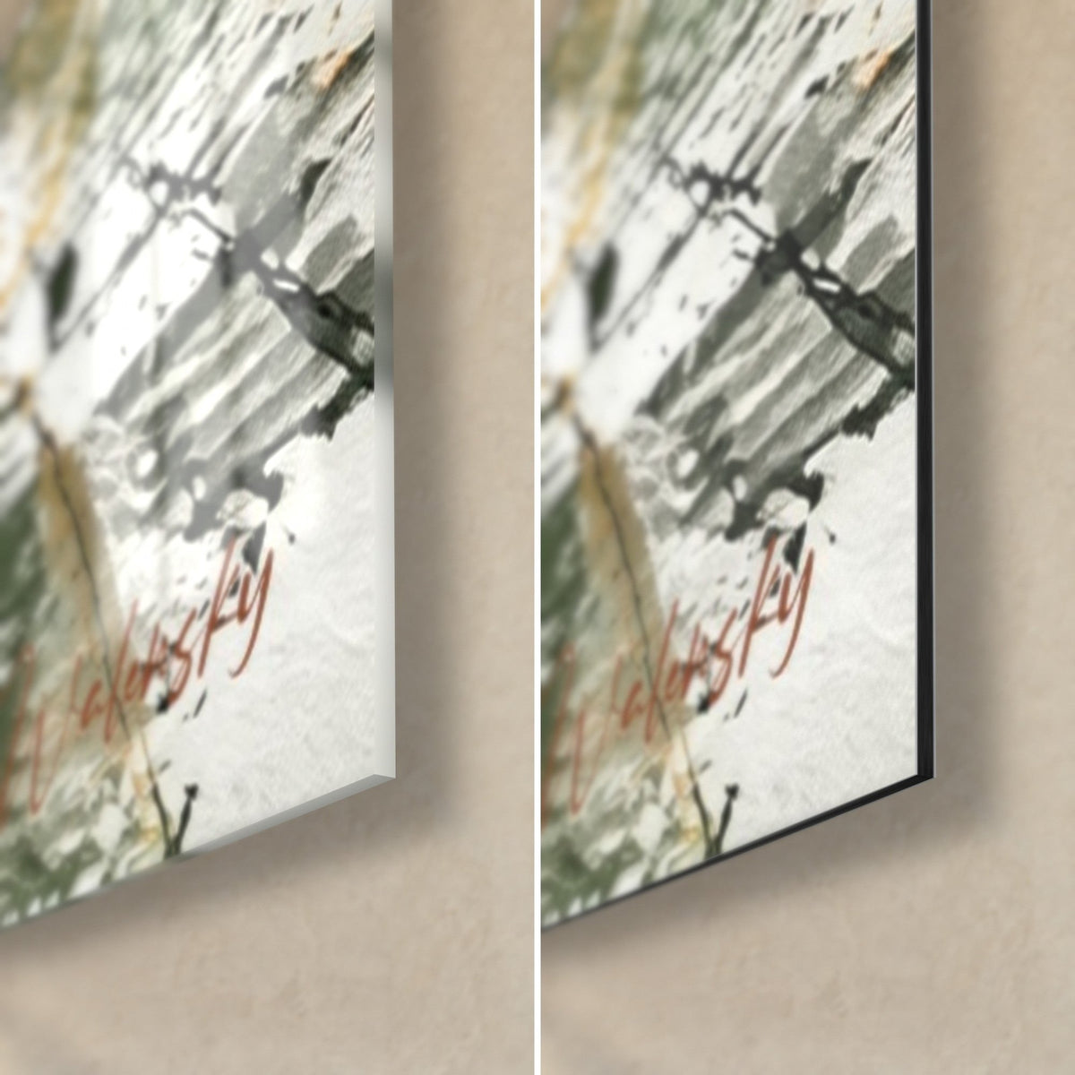 Schilderij paleis in oker en kaki, rechtsonder: glanzend acrylglas met reflecties, mat zwart Dibond-aluminium, rand van 3 mm
