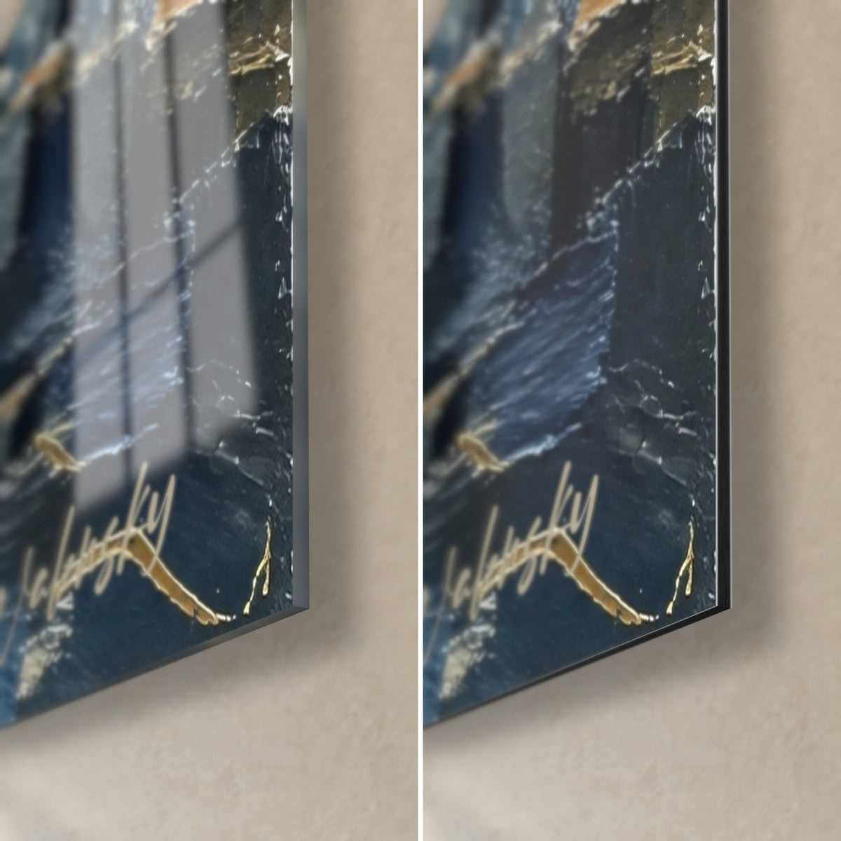 Cuadro residencia real en pintura azul y dorada, esquina inferior derecha: cristal acrílico brillante que refleja, aluminio Dibond mate, canto de 3 mm