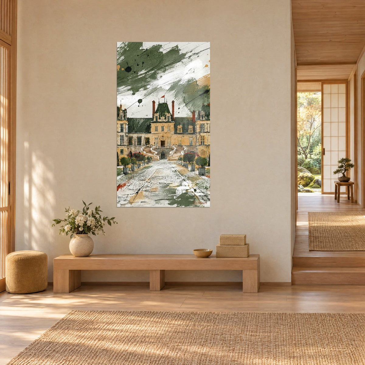 Schilderij renaissance herenhuis met rode schoorstenen, kaki groene daken en inktspatten, beige muur, houten bank, driekwart zicht