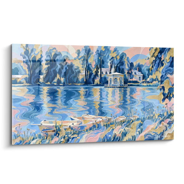 Tableau Barques blanches bleu et doré aux marguerites - Pavillon niché entre les arbres - Edition Fontainebleau Île-de-France