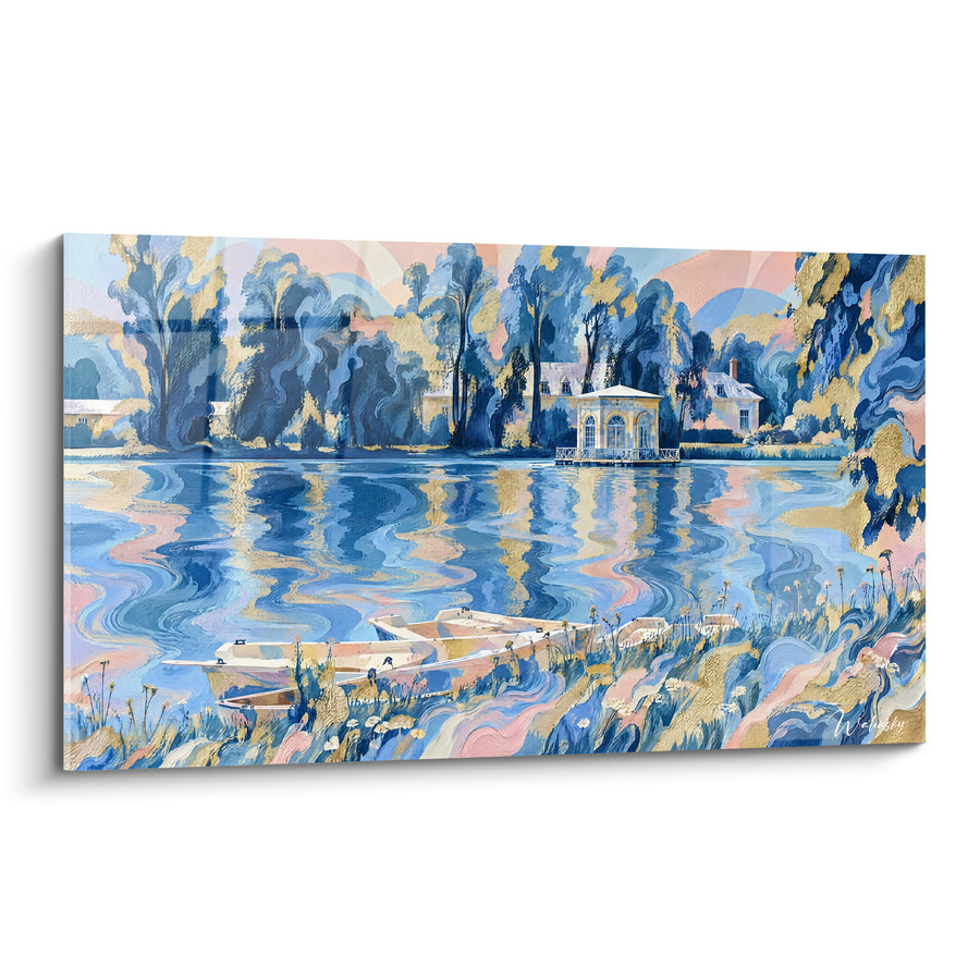Tableau Barques blanches bleu et doré aux marguerites - Pavillon niché entre les arbres - Edition Fontainebleau Île-de-France