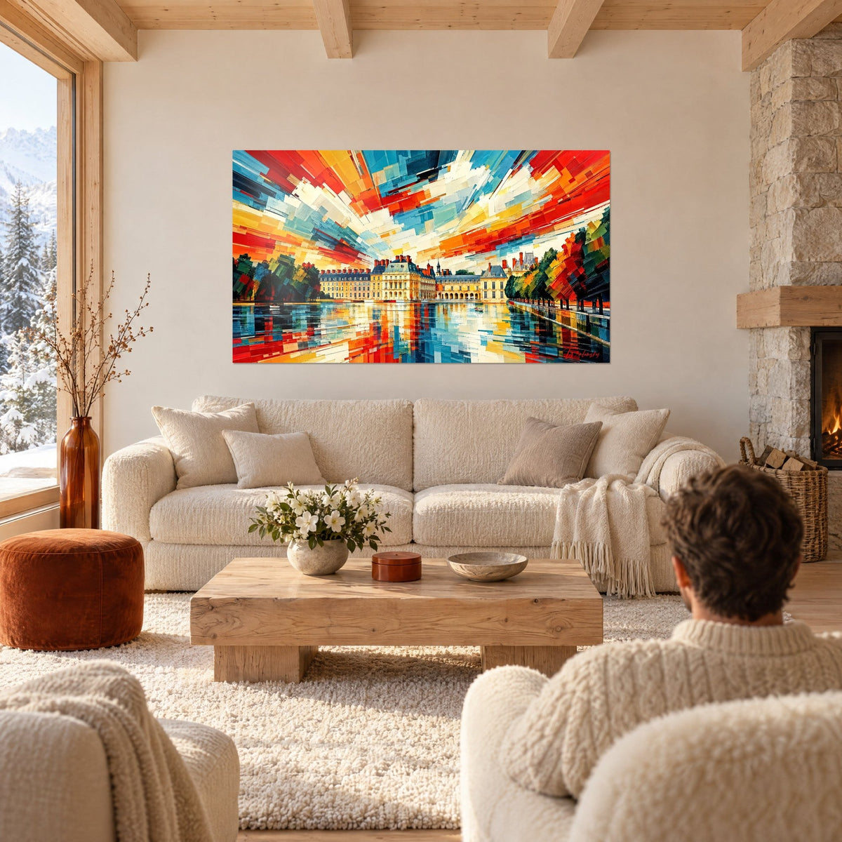 Gemälde Schloss mit blau geschieferten Dächern, rot-orangefarbener Himmel in leuchtenden Splittern, über einem Sofa in einem lichtdurchfluteten Wohnzimmer