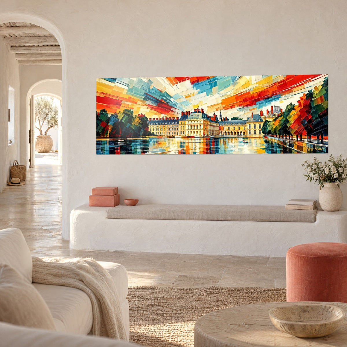 Gemälde königlicher Palast mit blaugrauen Schieferdächern, orangefarbene und grüne Bäume in flächigen Farben, leuchtende Spiegelungen, weiße Putzwand, Steinbank