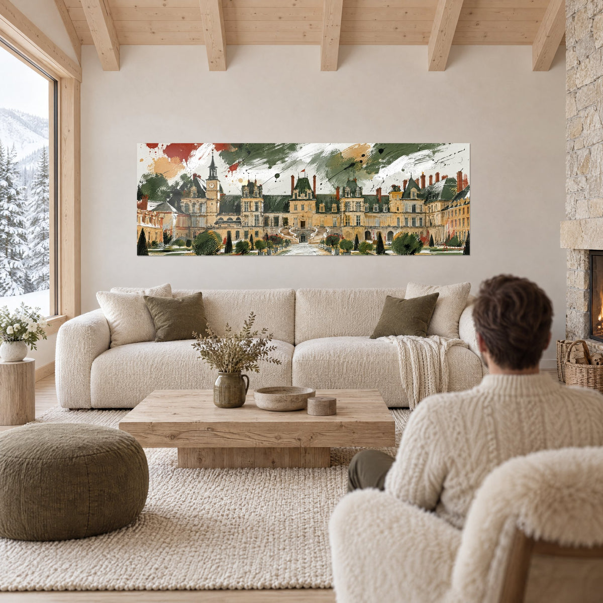 Gemälde Renaissanceschloss mit dunkelgrünen Dächern und goldenem Stein, Rosttropfen, über einem Sofa in einem hellen Wohnzimmer