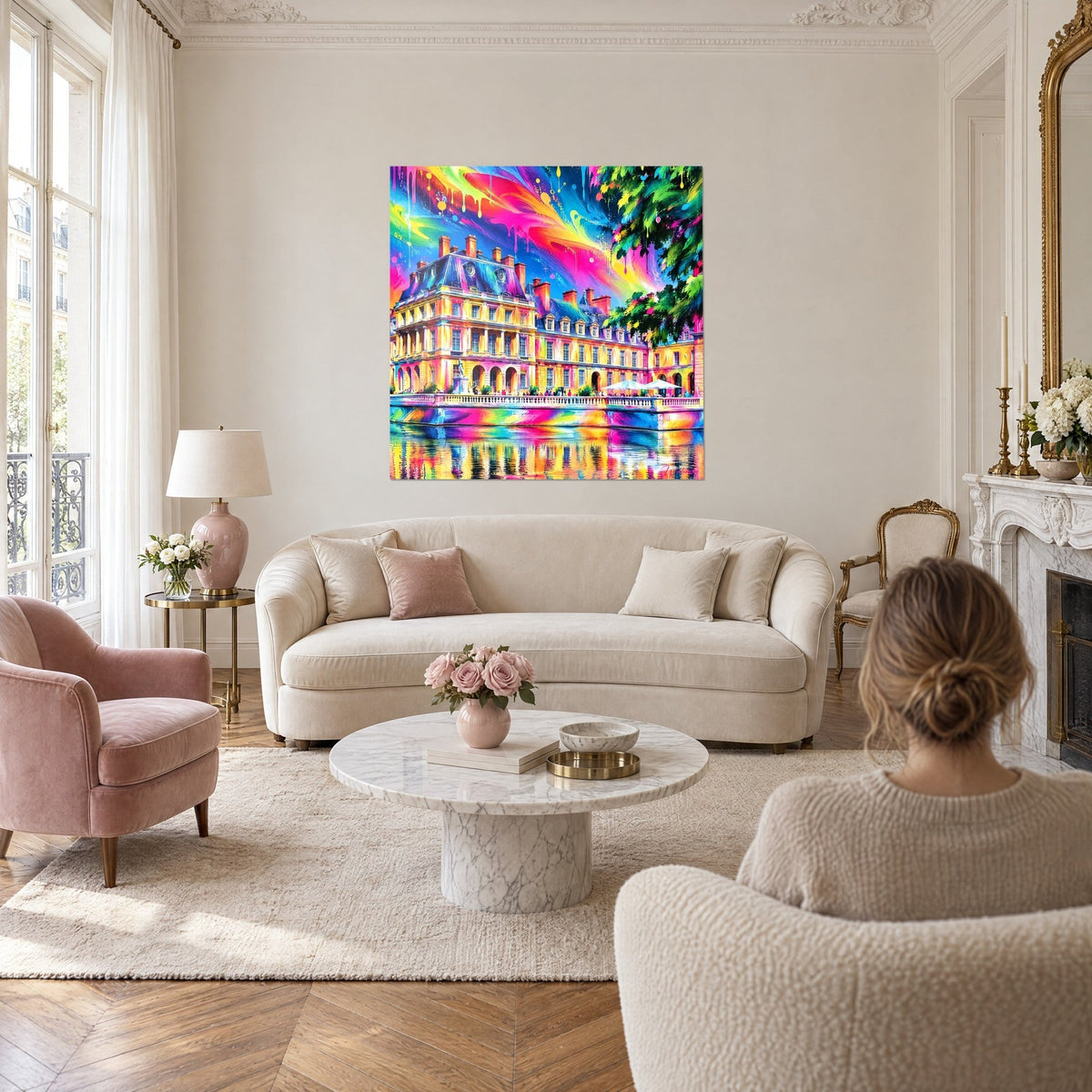 Gemälde Schloss mit goldenen Steinen, fuchsiafarbener und türkisfarbener Himmel mit Farbläufen, über einem Sofa in einem hellen Wohnzimmer