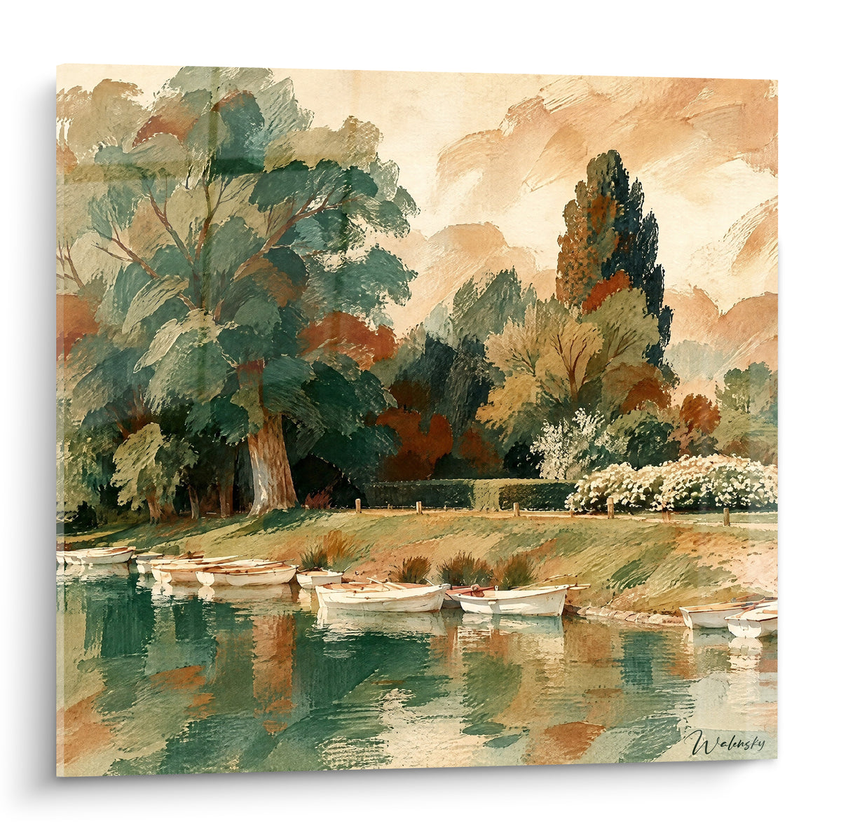 Schilderij witte boten afgemeerd op een saliegroene en okerkleurige vijver, aquarelscène uit Fontainebleau, Île-de-France