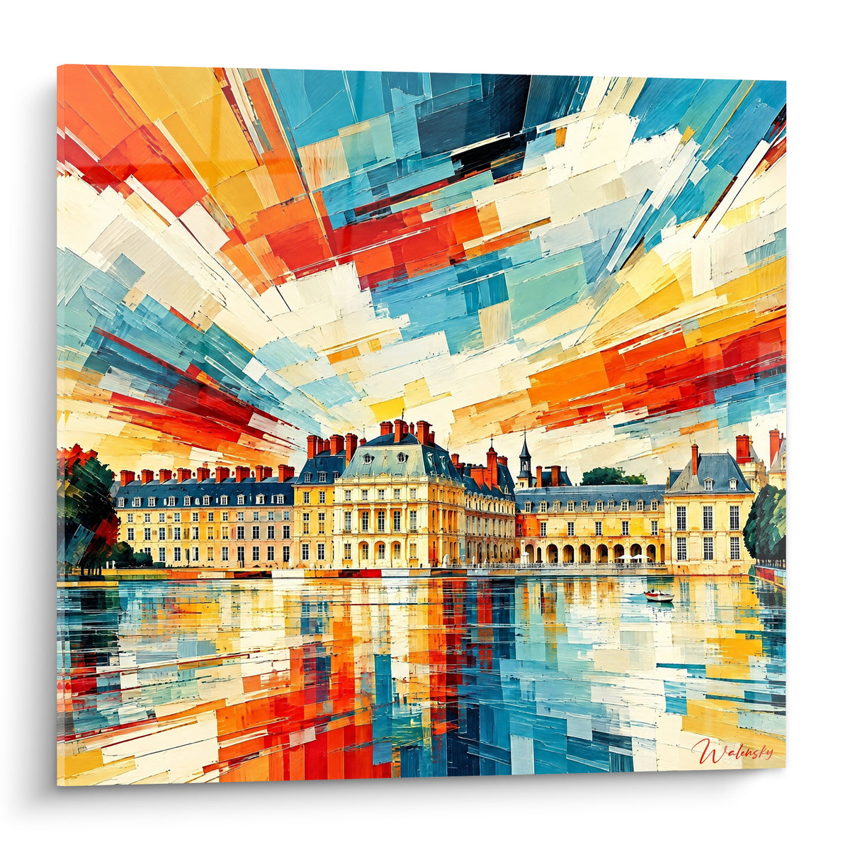 Gemälde Schloss Fontainebleau Île-de-France in Ocker und Crème unter einem zersplitterten Himmel in Marineblau und Orange über dem Wasser