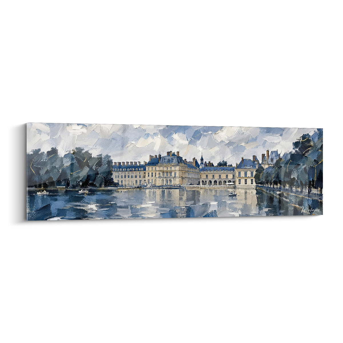 Gemälde goldenes Schloss, gespiegelt in einem marineblauen Teich, bewölkter Himmel, im impressionistischen Stil von Fontainebleau, Île-de-France