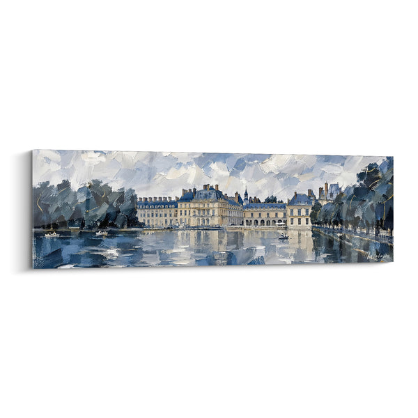 Tableau Château beige et bleu aux petites barques éparses - Ciel nuageux panoramique - Edition Fontainebleau Île-de-France