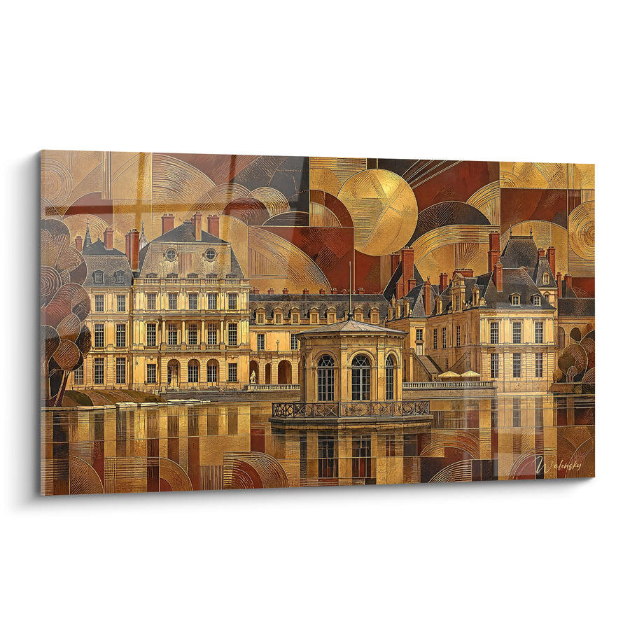 Tableau Château doré aux reflets ambrés sur l'étang - Splendeur royale - Edition Fontainebleau Île-de-France