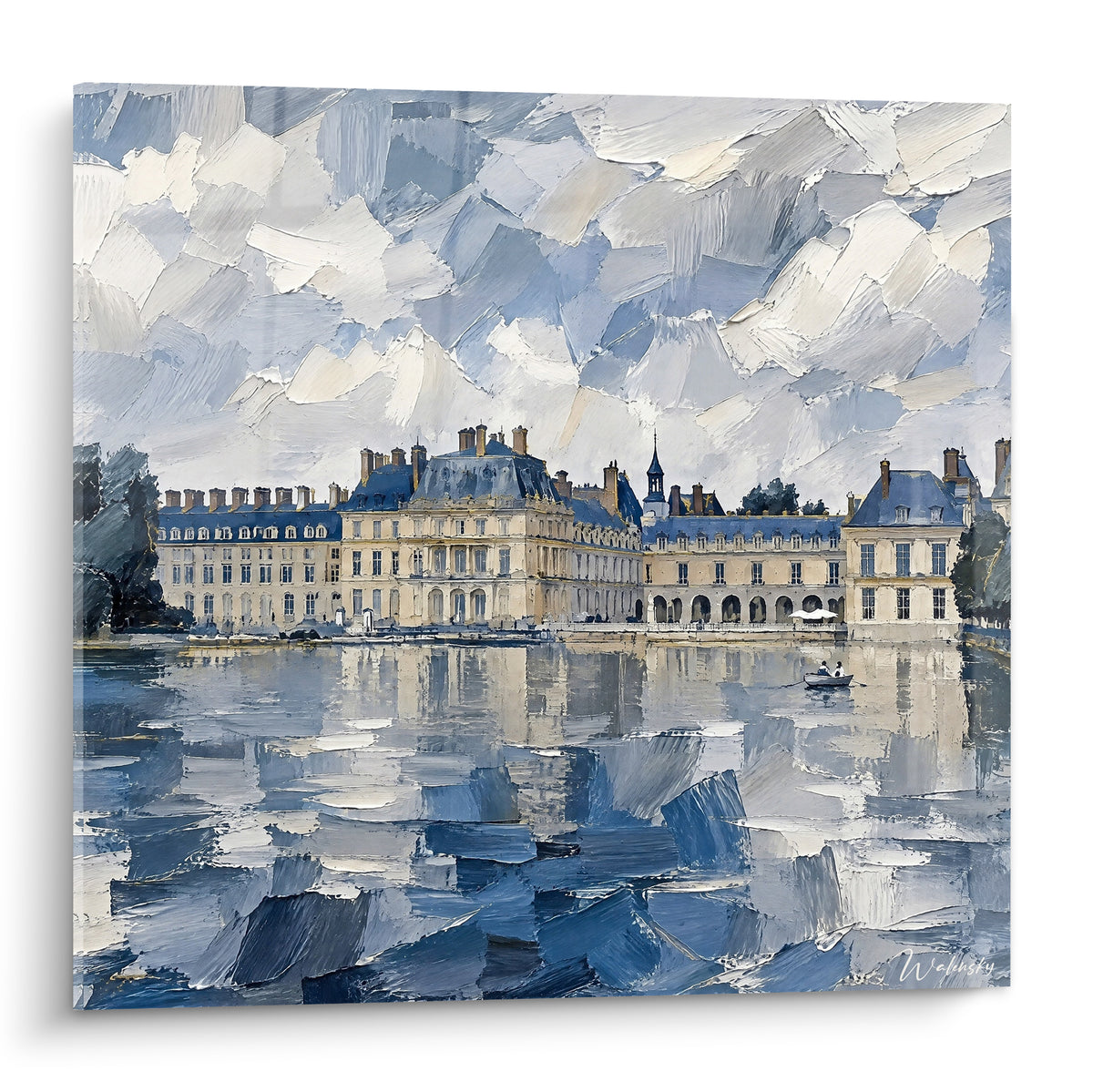 Château doré et étang bleu ardoise peints en touches épaisses sous un ciel nuageux texturé