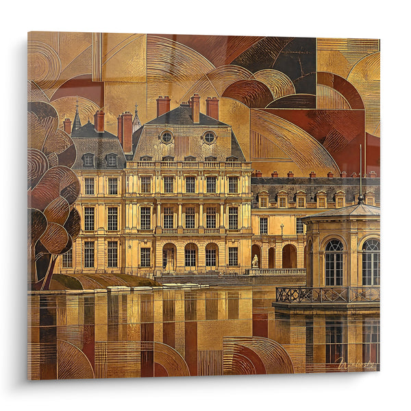 Tableau Château doré et brun aux cheminées de brique - Mosaïque géométrique dorée - Edition Fontainebleau Île-de-France