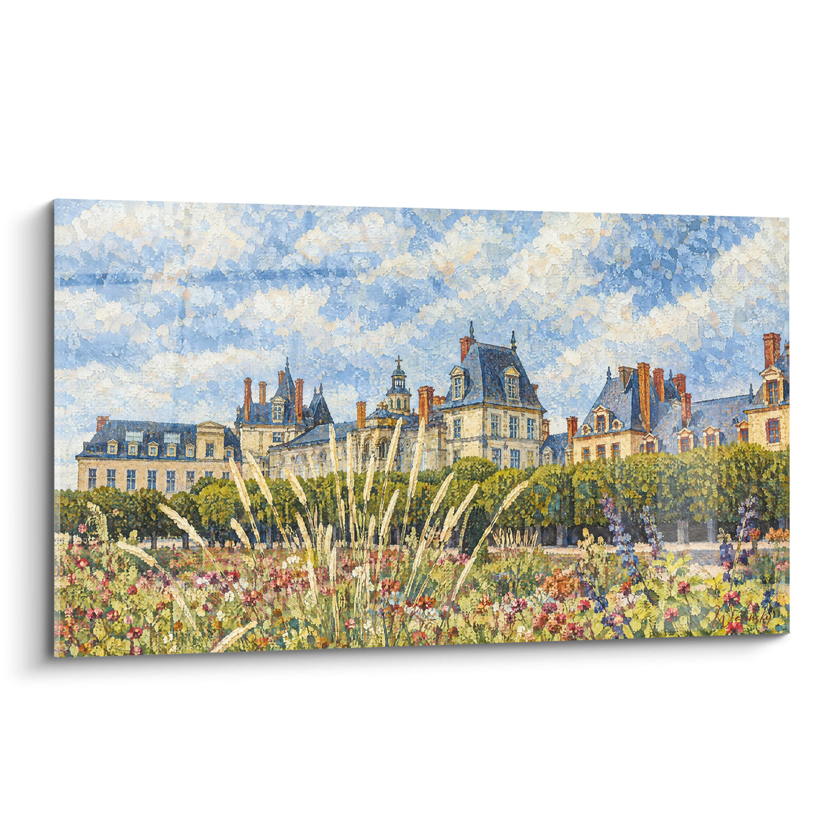 Gemälde Schloss von Fontainebleau in der Île-de-France aus beigem Stein und Schieferdächern vor einem rosa und mauvefarbenen Blumengarten