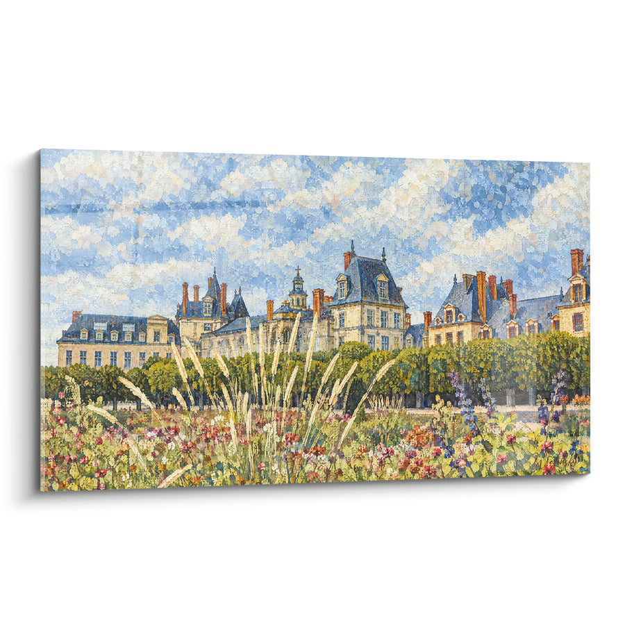 Tableau Château beige et bleu aux herbes hautes fleuries - Prairie fleurie printanière - Edition Fontainebleau Île-de-France