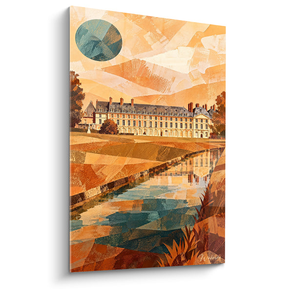 Quadro Castello ocra e blu petrolio sullo specchio d'acqua - Sogno regale - Edizione Fontainebleau Île-de-France