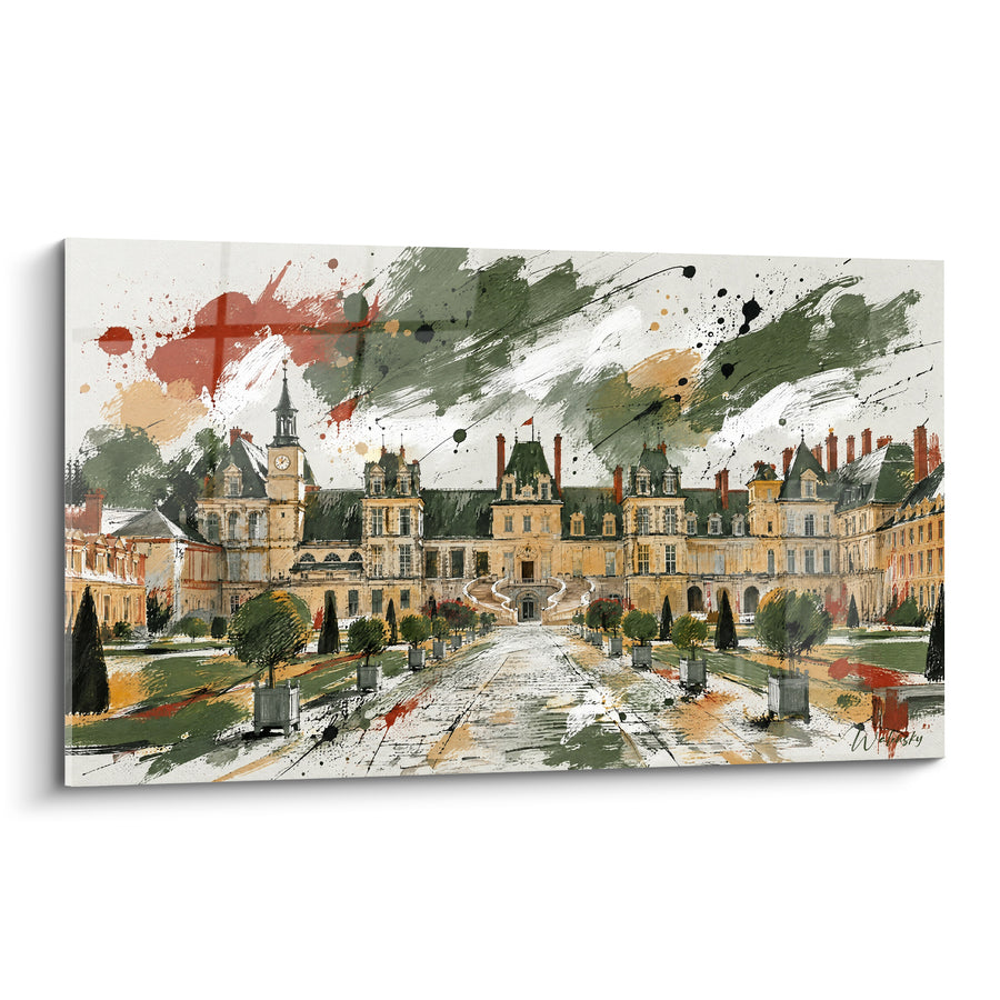 Tableau Château ocre et vert aux éclaboussures - Souvenir royal éclaté - Edition Fontainebleau Île-de-France