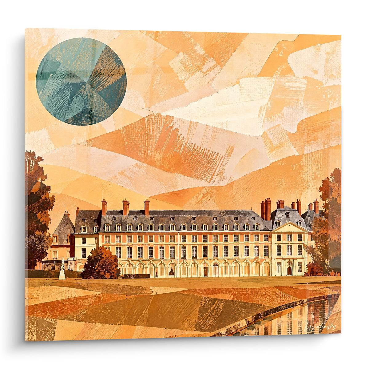 Château Fontainebleau Île-de-France en terracotta sous lune turquoise géométrique, façade crème éclairée