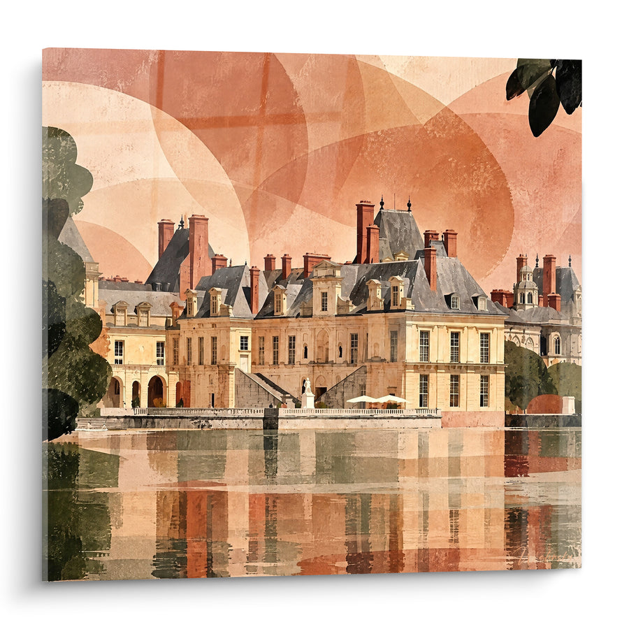 Tableau Château au bord de l'étang terracotta - Reflet du crépuscule - Edition Fontainebleau Île-de-France