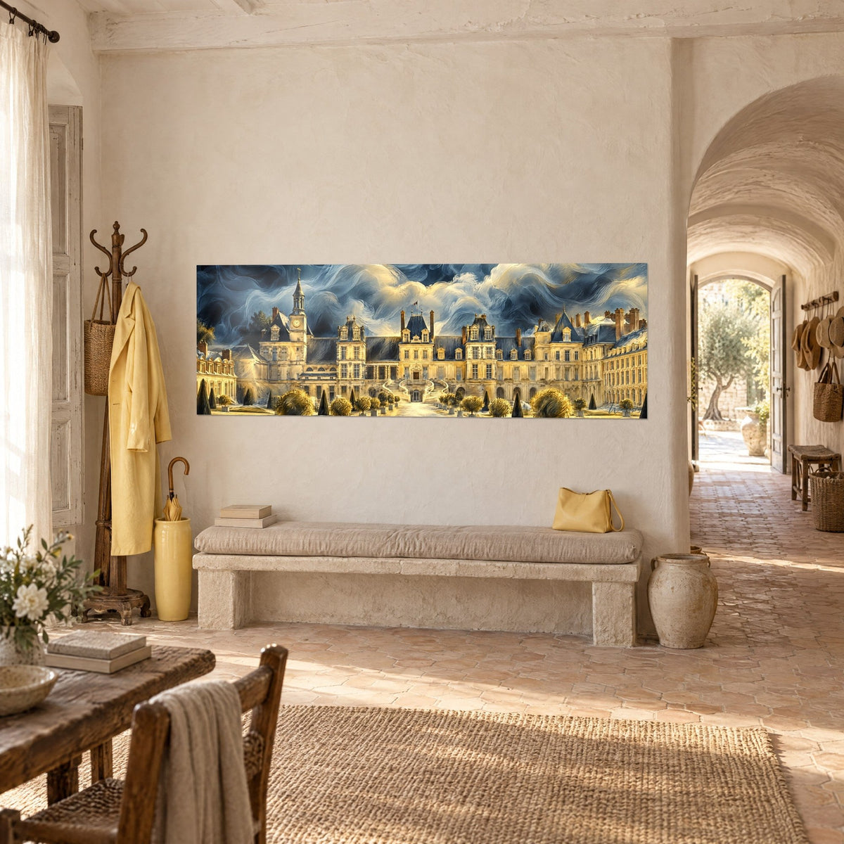 Schilderij renaissancekasteel met okerkleurige gevels, blauwe leien daken en gouden klok, driekwart aanzicht, tegenover een stenen bank