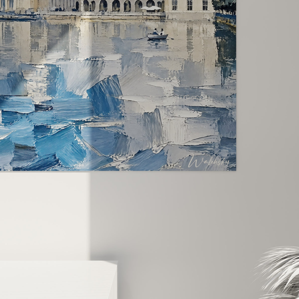 Empâtements denses révélant les touches bleu ardoise et dorées d'un château peint au couteau