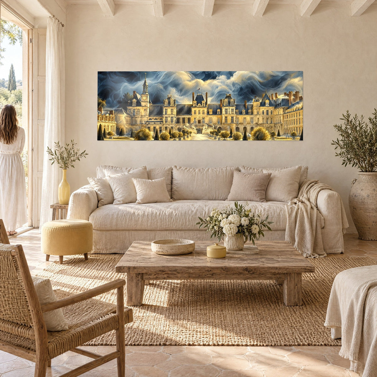 Schilderij gouden paleis met blauwe leien daken onder wervelende middernachtblauwe wolken, een vrouw van achteren, boven een bank in een lichte woonkamer