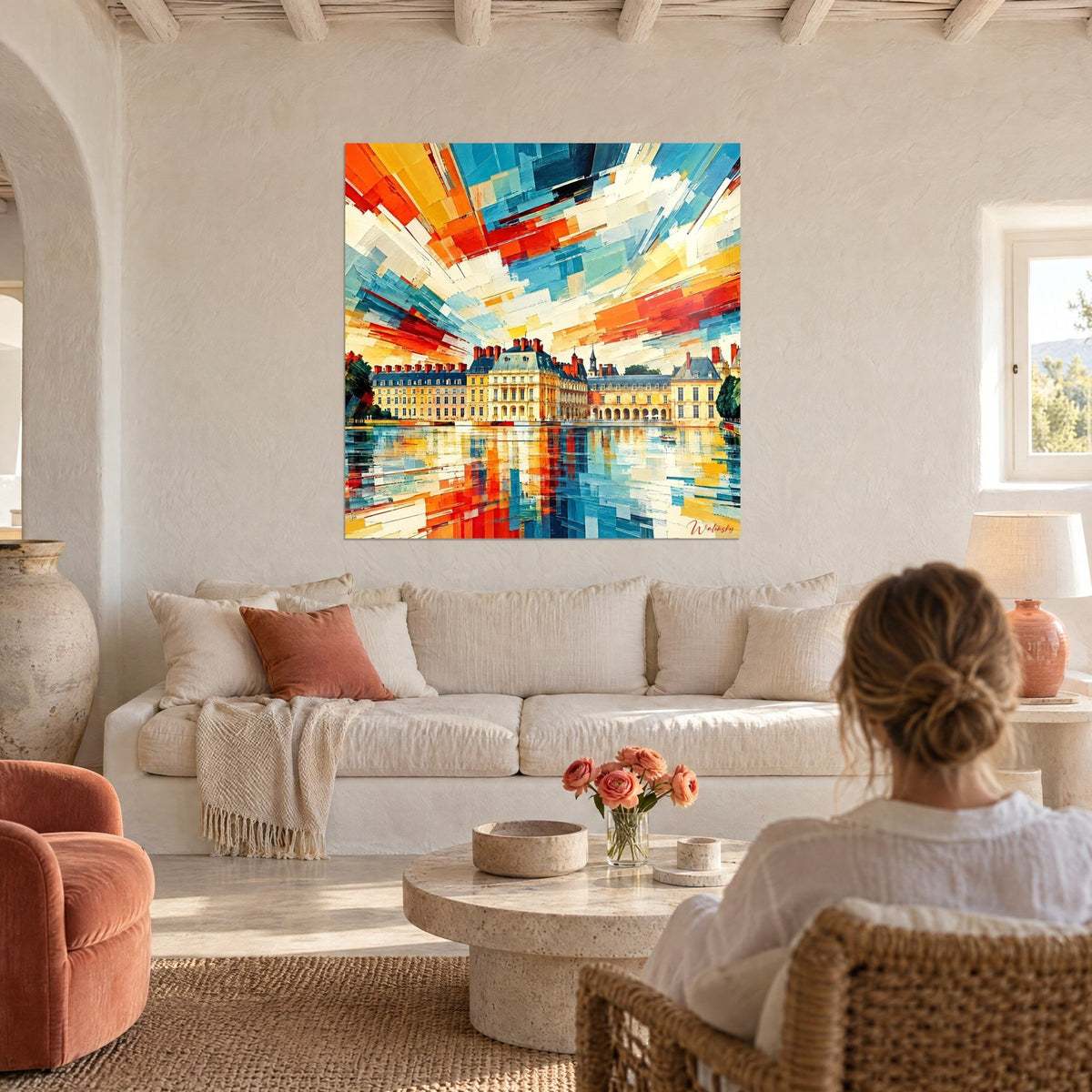 Gemälde Schloss mit Schieferdächern, zersplittert in blaue und orangefarbene Scherben, im Teich gespiegelt, über einem Sofa in einem hellen Wohnzimmer