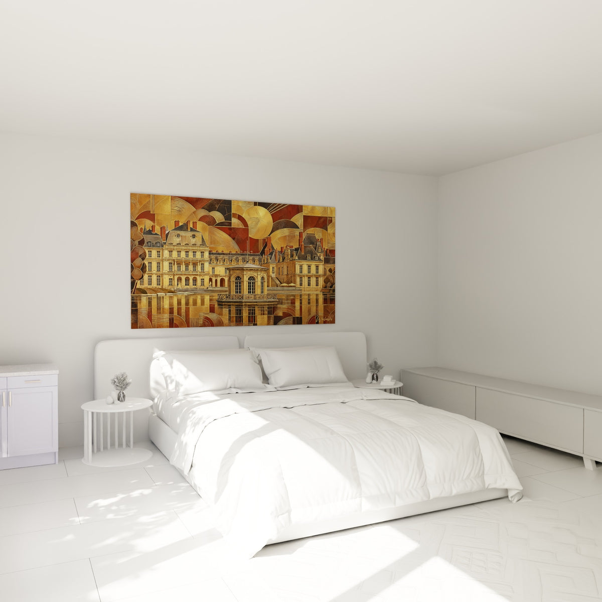 Façades dorées du château Fontainebleau Île-de-France reflétées sur l'eau, au-dessus d'un lit dans une chambre claire