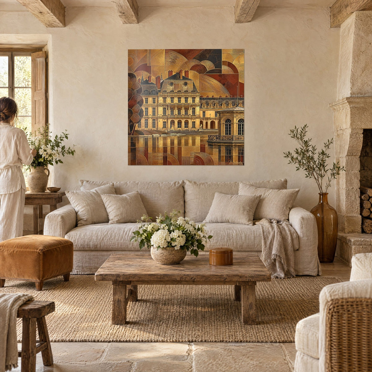 Gemälde Renaissance-Schloss in patiniertem Gold, Kamine aus rotem Backstein und Spiegelungen im Wasser, über einem Sofa in einem hellen Wohnzimmer