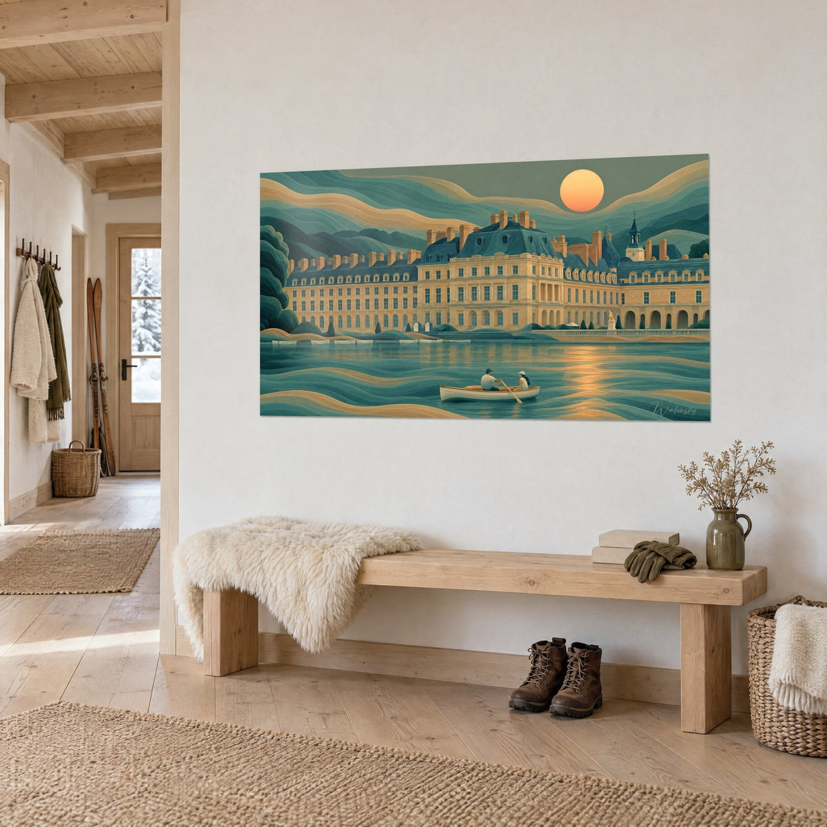 Gemälde Steinpalast in Cremeton unter einer aprikosenfarbenen Sonne, türkisfarbene und sandige Wellen, an einer weißen Wand in einem Eingang aus hellem Holz