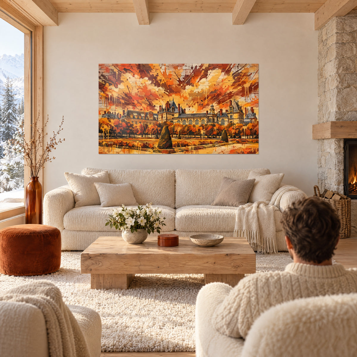 Quadro castello dorato sotto un cielo di colature ocra e ruggine, due persone di spalle, sopra un divano in un soggiorno luminoso