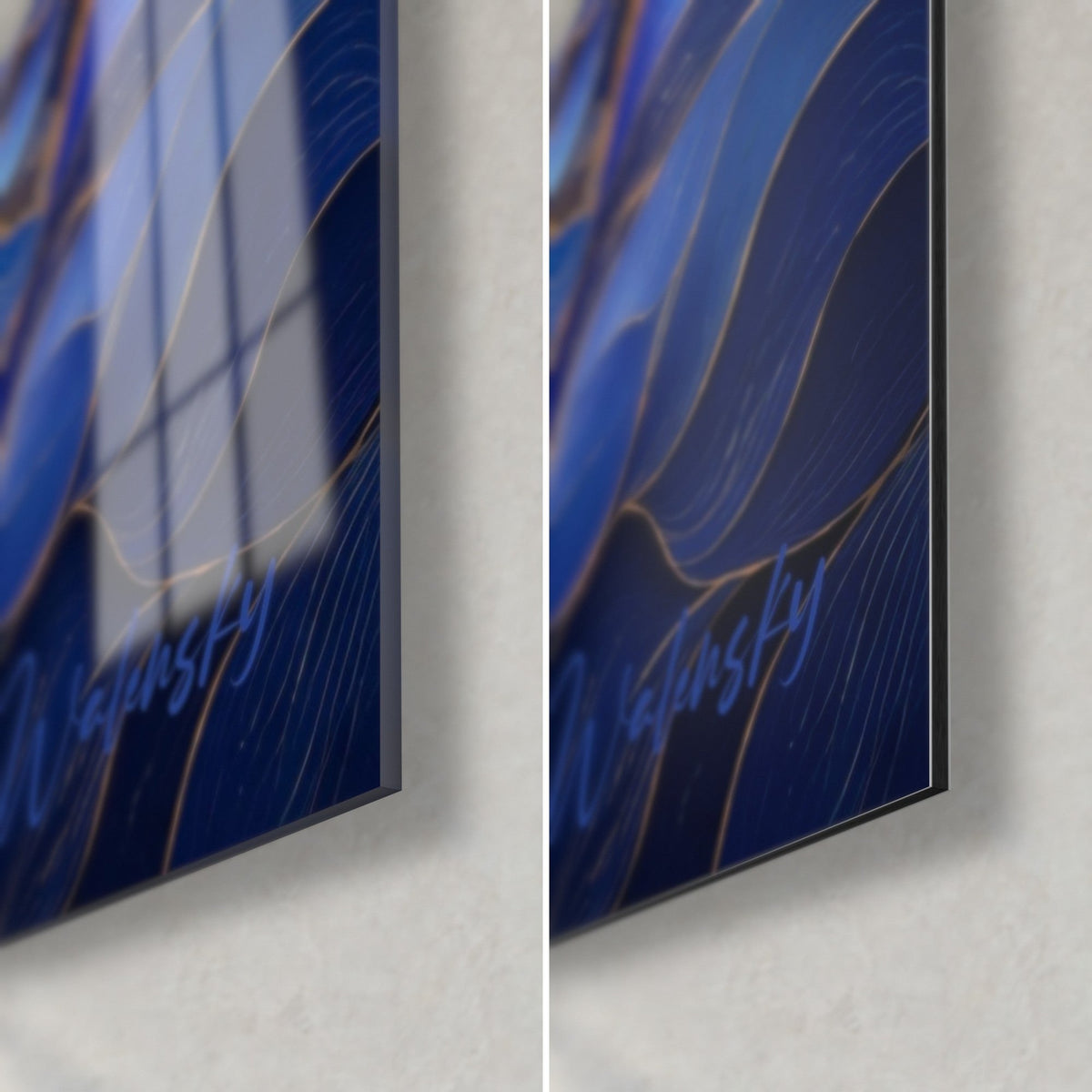 Gemälde Unterholz in Indigoblau und Gold, untere rechte Ecke: glänzendes Acrylglas mit Spiegelung des Fensters, mattes Dibond-Aluminium, 3 mm Kante