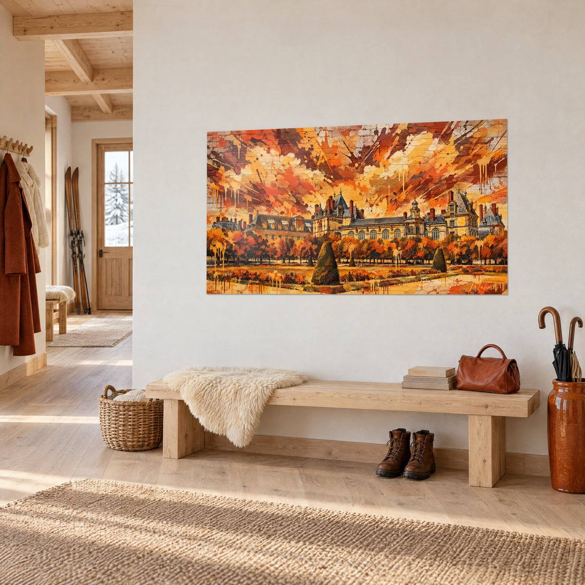 Quadro palazzo rinascimentale con tetti in ardesia grigia e alberi arancioni, schizzi di ruggine, su una parete bianca di chalet