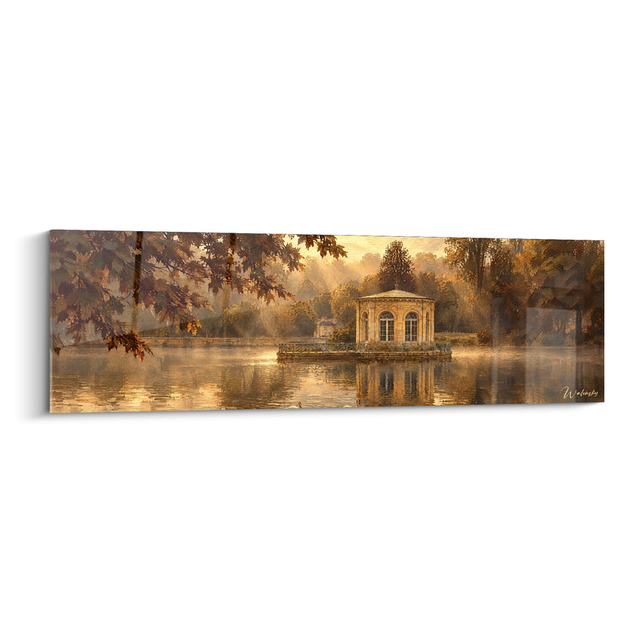 Tableau Pavillon doré et brun sous feuillage automnal - Rayons perçant la brume - Edition Fontainebleau Île-de-France